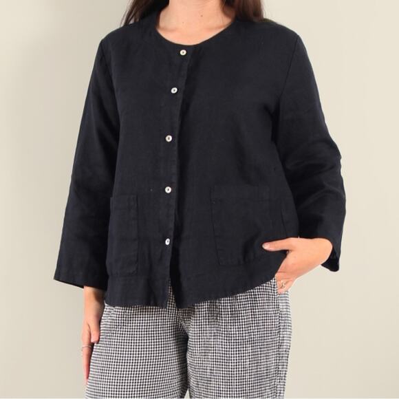 Cut Loose Indigo 100% Linen Blouse Button Front Pockets Lagenlook Made in USA - Picture 1 of 11